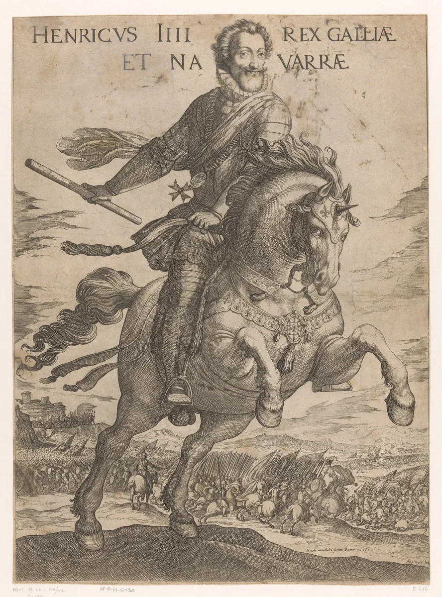 Hendrik IV, koning van Frankrijk, te paard by Unknown, print, 1593