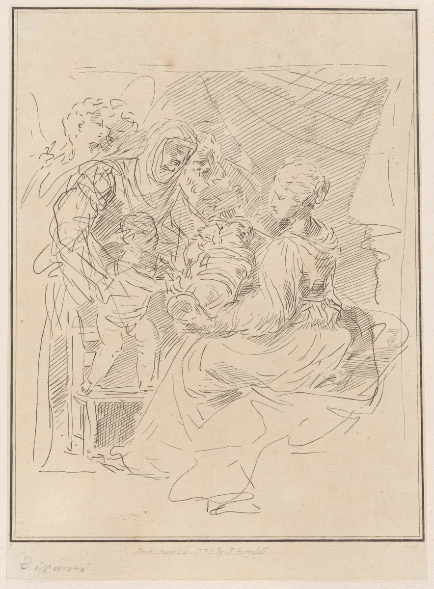 The Holy Family with the infant Saint John the Baptist, and other saints and angels by Giuseppe Canale, print, 1775