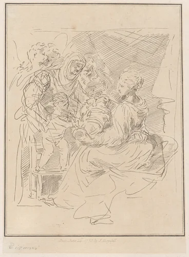 The Holy Family with the infant Saint John the Baptist, and other saints and angels by Giuseppe Canale, print, 1775