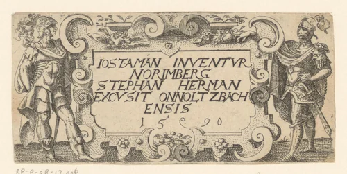 Cartouche met twee krijgers by Unknown, print, 1590