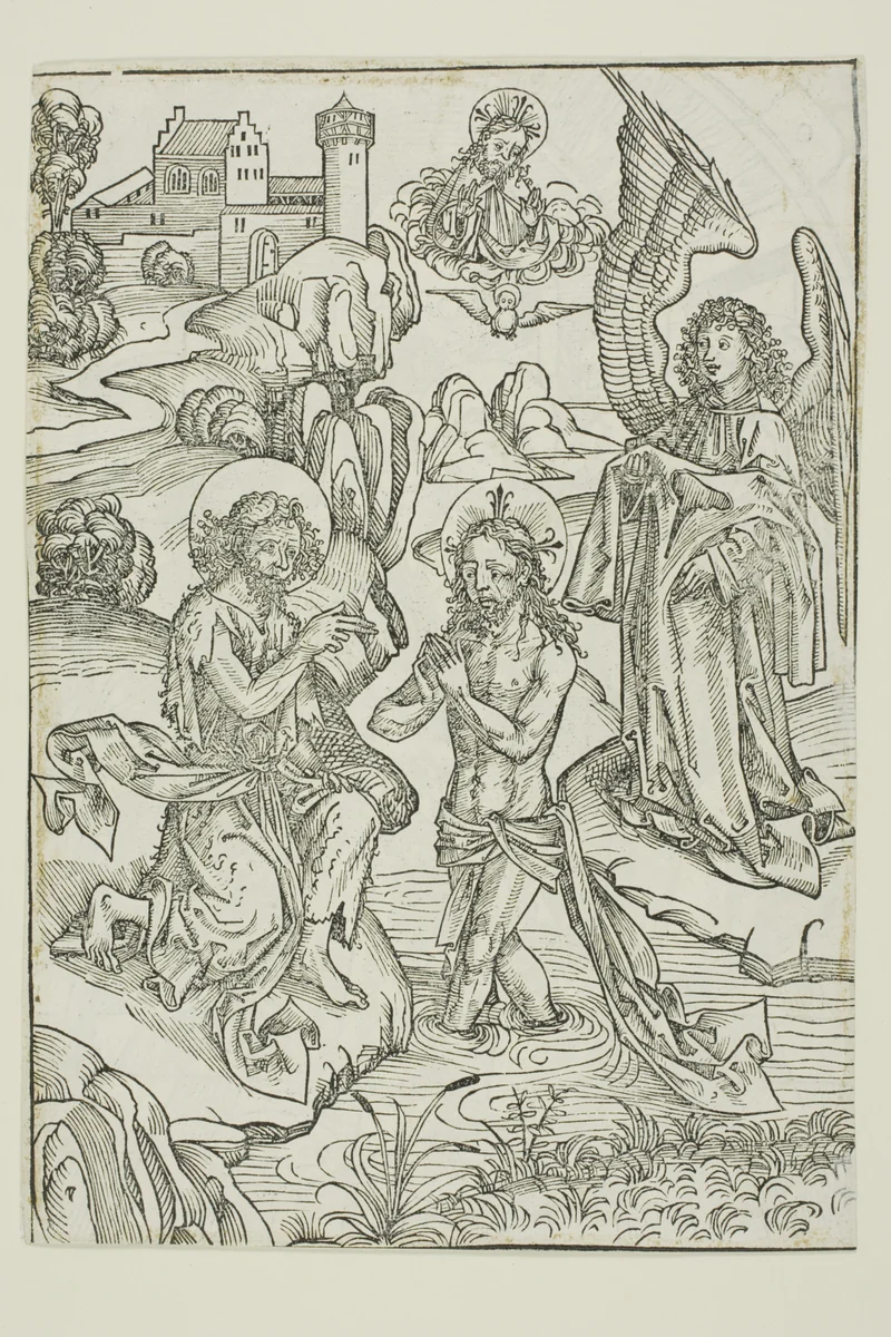 The Baptism of Christ (verso); The Circumcision of Christ (recto), pages 34 and 33, from the Treasury (Schatzbehalter) by Michael Wolgemut, print, 1491