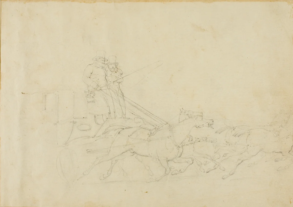 Coach Drawn by Four Galloping Horses by Jean Louis André Théodore Géricault, drawing, 1818-1819