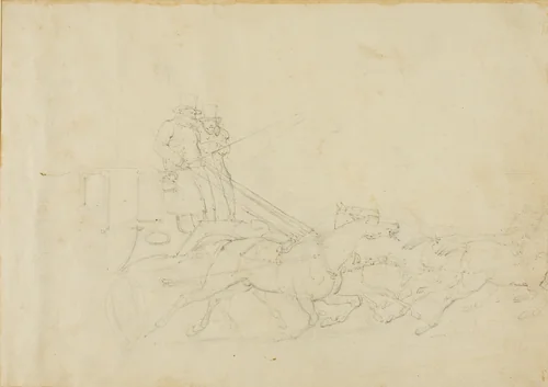 Coach Drawn by Four Galloping Horses by Jean Louis André Théodore Géricault, drawing, 1818-1819