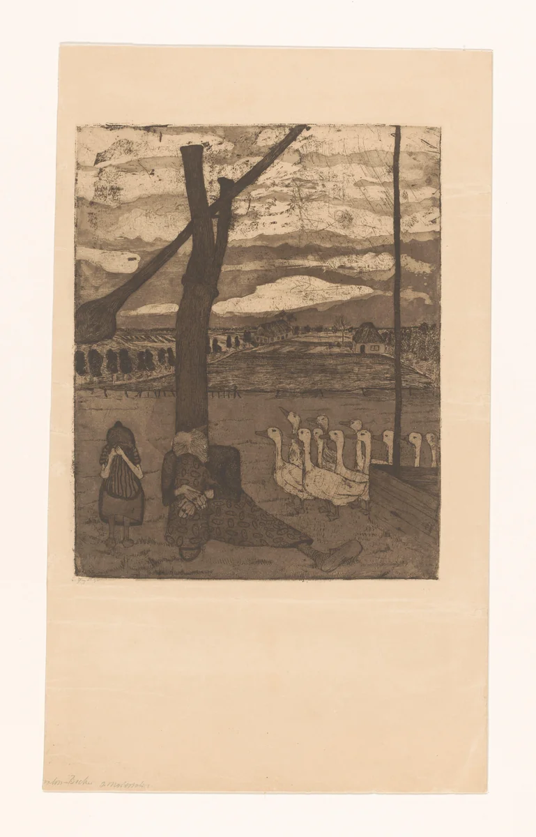 Oude vrouw en meisje treuren bij een waterput by Paula Modersohn-Becker, print, 1886-1907