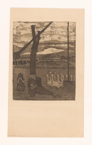 Oude vrouw en meisje treuren bij een waterput by Paula Modersohn-Becker, print, 1886-1907