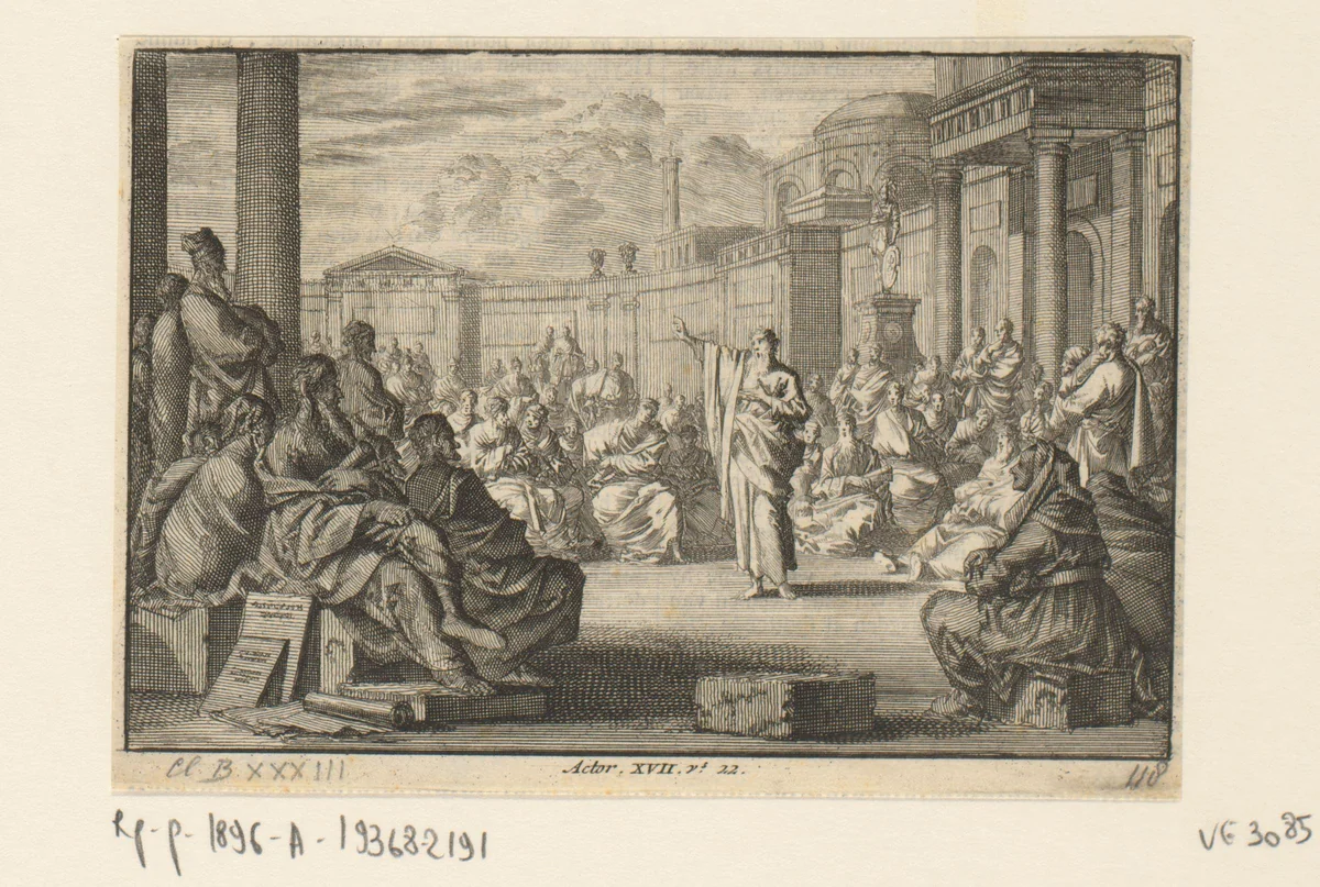 Paulus voor de leden van de Areopagus in Athene by Jan Luyken, print, 1703-1762
