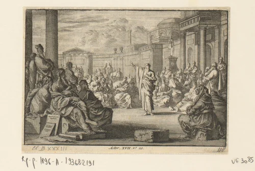 Paulus voor de leden van de Areopagus in Athene by Jan Luyken, print, 1703-1762