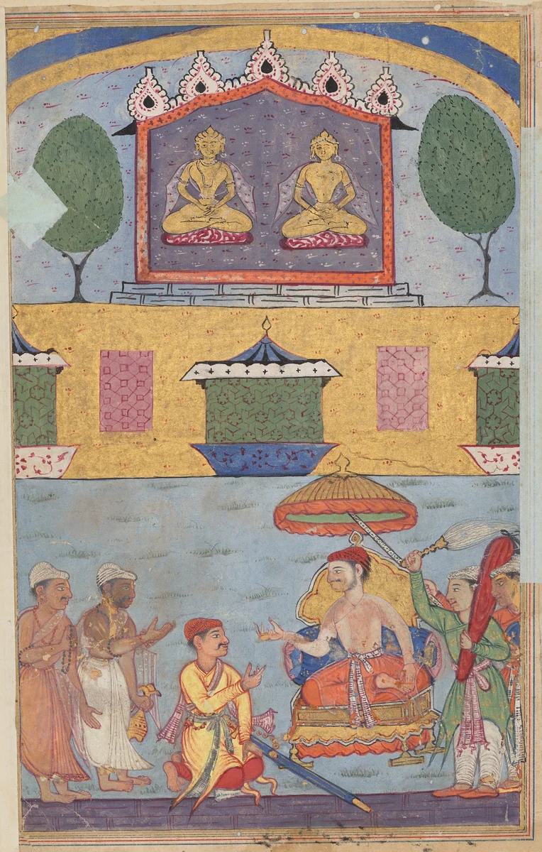 The goldsmith and the carpenter inform the king of a dream in which the golden images plan to desert the city for lack of worshippers, from a Tuti-nama (Tales of a Parrot): Third Night by Unknown, painting, 1555-1565