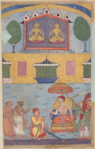 The goldsmith and the carpenter inform the king of a dream in which the golden images plan to desert the city for lack of worshippers, from a Tuti-nama (Tales of a Parrot): Third Night by Unknown, painting, 1555-1565