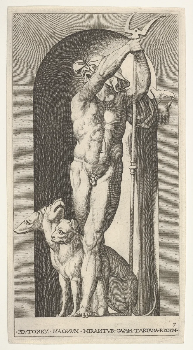 Plate 7: Pluto in a niche, holding a bident, with Cerberus next to him, from a series of mythological gods and goddesses by Giovanni Jacopo Caraglio, print, 1526