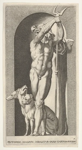 Plate 7: Pluto in a niche, holding a bident, with Cerberus next to him, from a series of mythological gods and goddesses by Giovanni Jacopo Caraglio, print, 1526