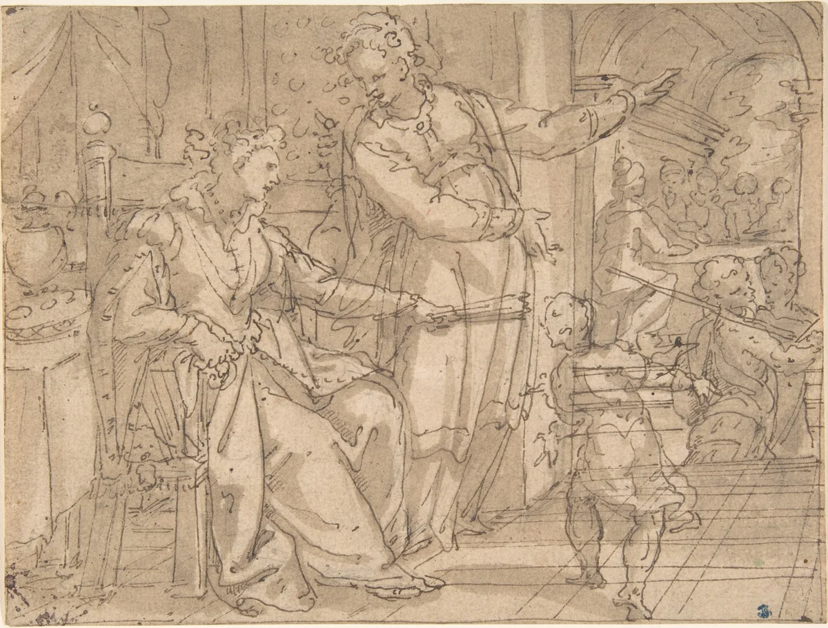 Two Women Talking by Hans Weiner, drawing, 1590-1625