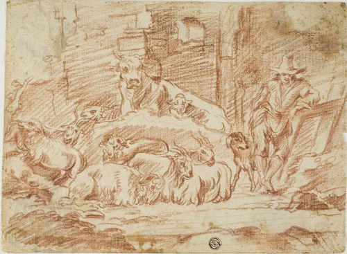 Stable Interior: Herder Resting with Sheep, Cow, Goats and Dog by Andrea di Lione, drawing, 1700-1799
