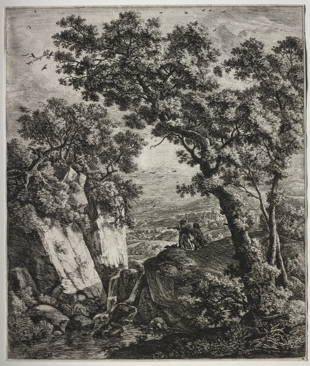 Six large upright landscapes with scenes from the Old Testament: Tobias and the Angel by Anthonie Waterloo, print, 1640-1690
