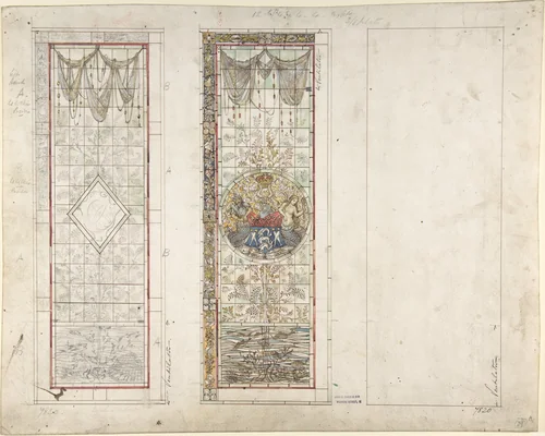 Window with marine motifs, design for Fishmongers’ Hall, London by John Dibblee Crace, drawing, 1898