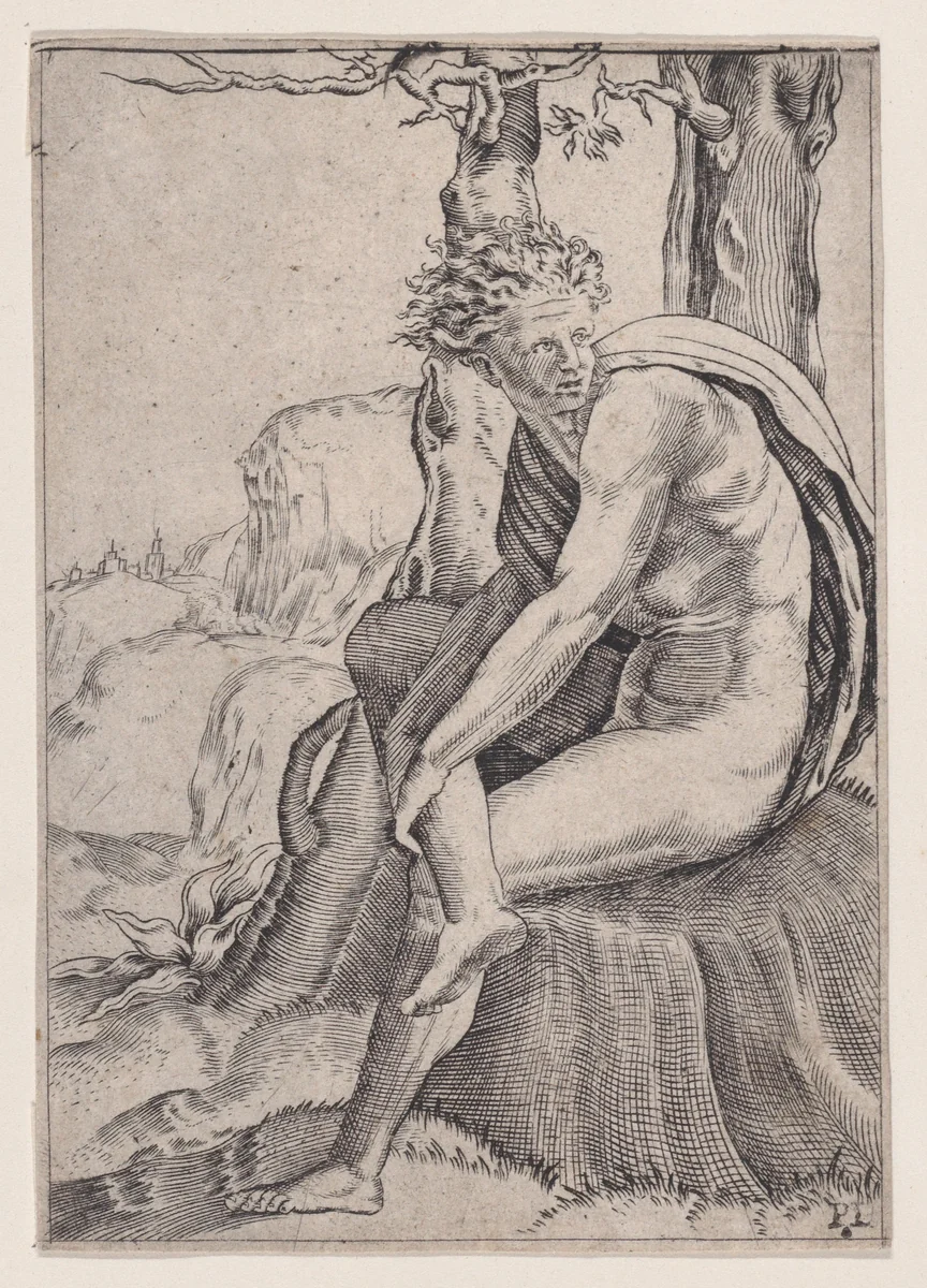 Seated Youth by Agostino Veneziano, print, 1514-1536