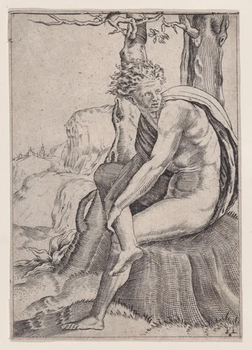 Seated Youth by Agostino Veneziano, print, 1514-1536