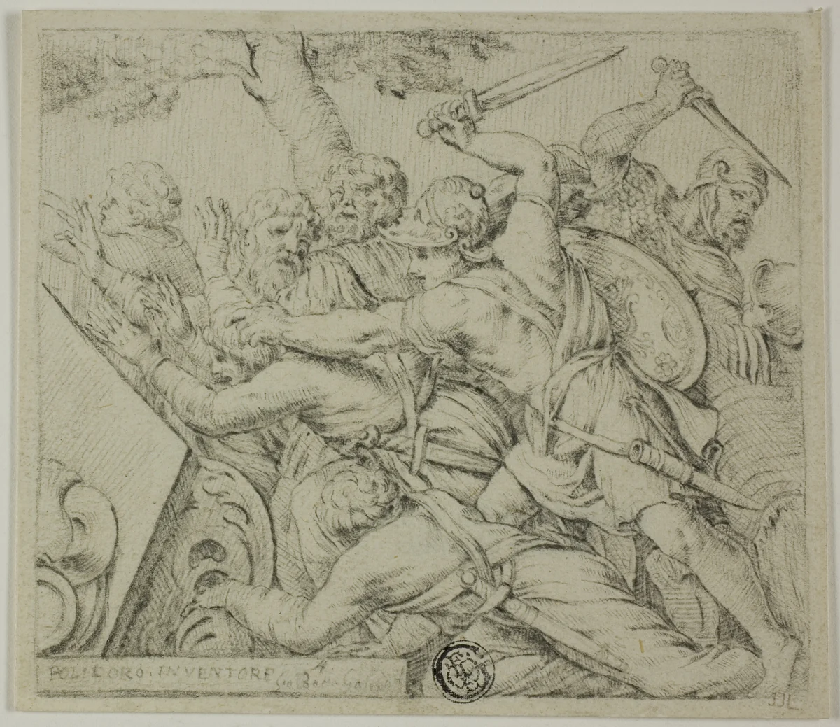Soldiers of Cyrus Tearing Apart the Army of Spargabise by Polidoro Caldara, drawing, 1680-1720