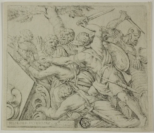 Soldiers of Cyrus Tearing Apart the Army of Spargabise by Polidoro Caldara, drawing, 1680-1720