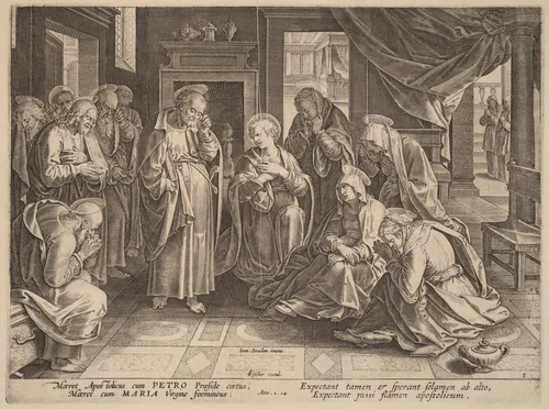 The Meeting of the Apostles and the Women in the Upper Room by Philip Galle, print, 1537-1612