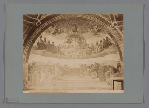 Fotoreproductie van het fresco Het dispuut door Rafaël in de Stanza della Segnatura, Vaticaanstad by anonymous, photograph, 1851-1900