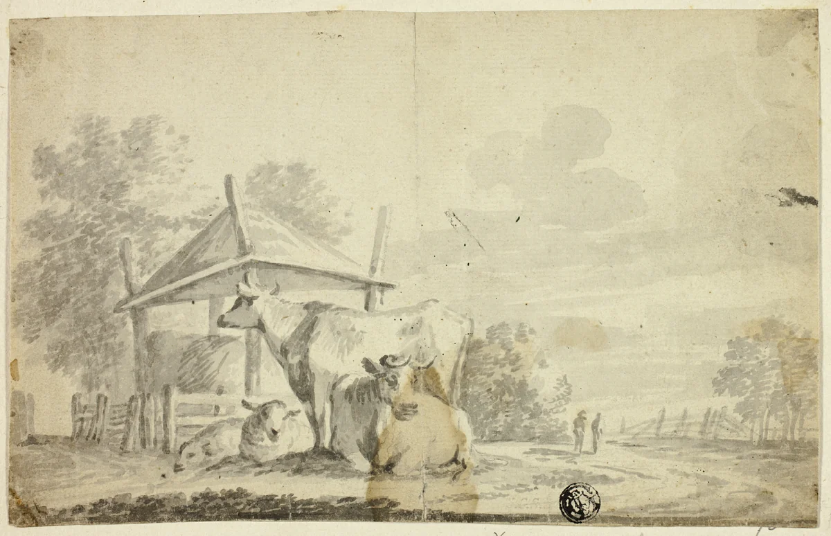 Cows and Sheep at Cow Shed by Albert Jansz Klomp, drawing, 1638-1689