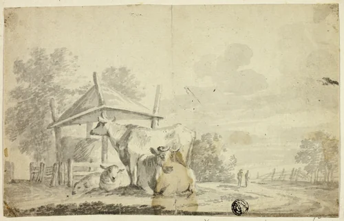 Cows and Sheep at Cow Shed by Albert Jansz Klomp, drawing, 1638-1689