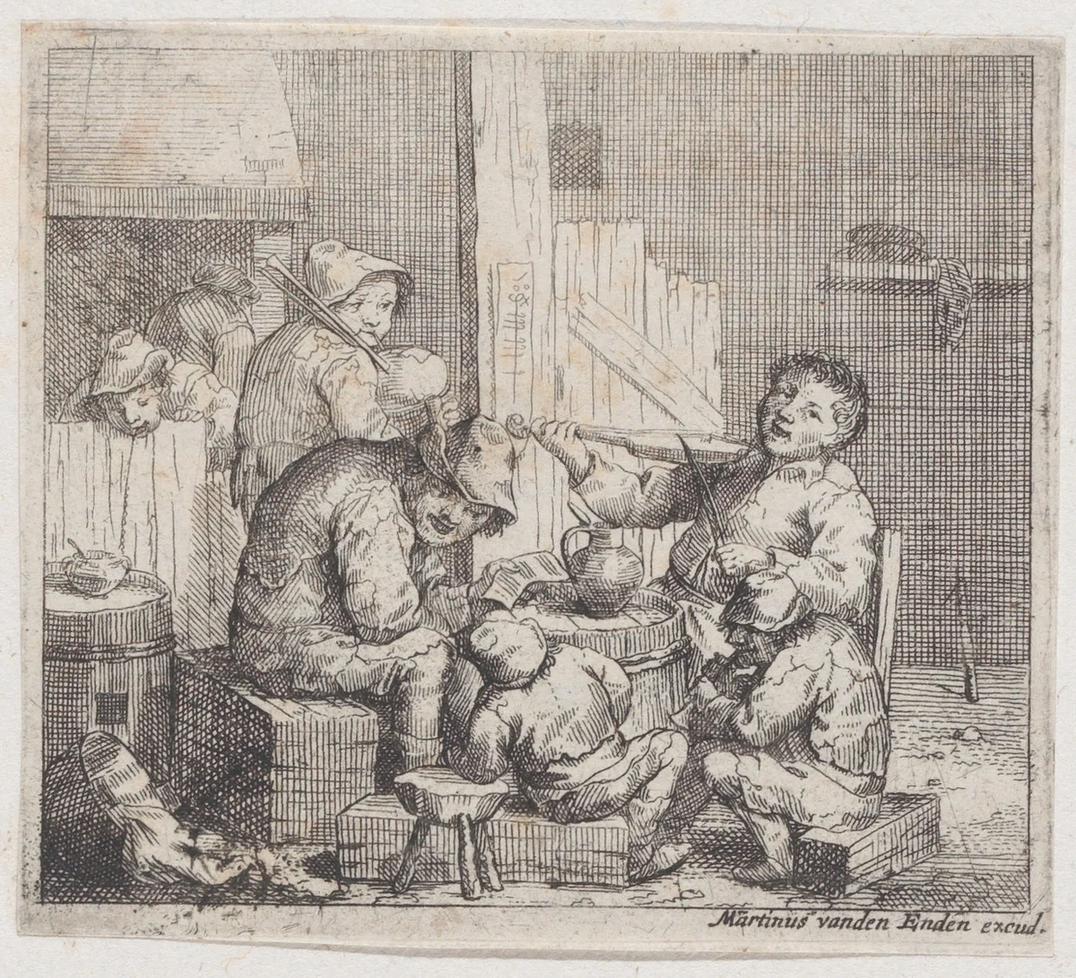 Seven peasant figures in a rustic interior, some of whom play instrument by Jacques Dassonville, print, 1635-1675