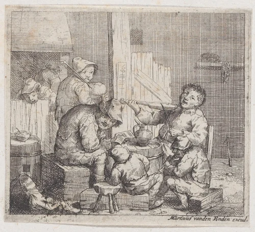 Seven peasant figures in a rustic interior, some of whom play instrument by Jacques Dassonville, print, 1635-1675