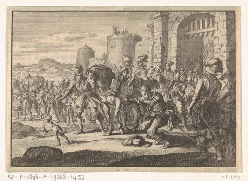 Baron de Frangipani neemt afscheid van de bodem wanneer de Spaanse bezetting Frankenthal verlaat, 1652 by Jan Luyken, print, 1698