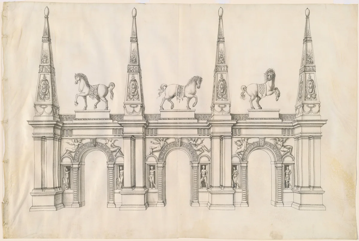 A Triumphal Arch with Caparisoned Horses and Ornamented Pinnacles by Jacques Androuet du Cerceau, drawing, 1515-1584