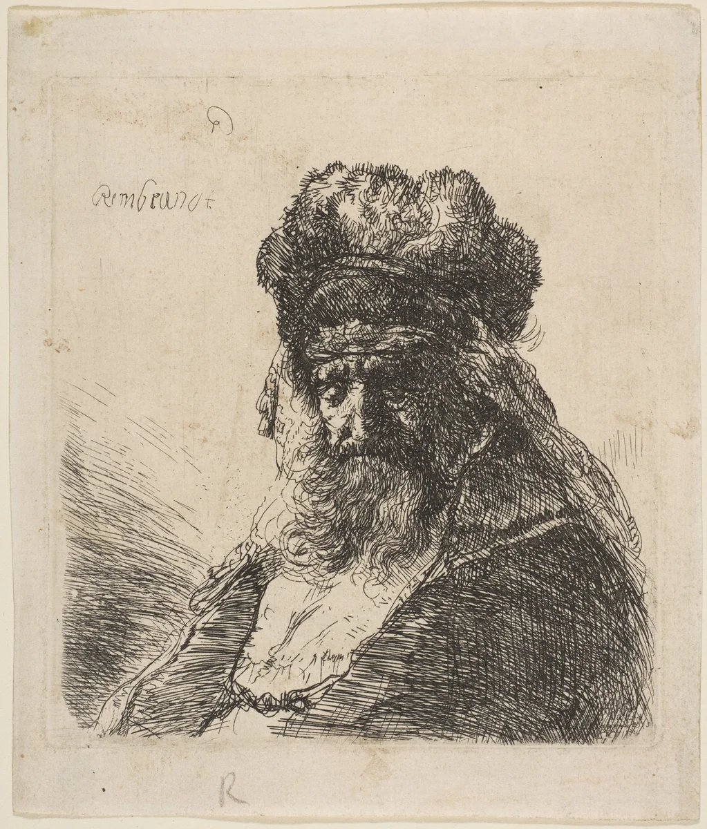 The Old Bearded Man in a High Fur Cap, with Eyes Closed by Rembrandt van Rijn, print, 1630-1640