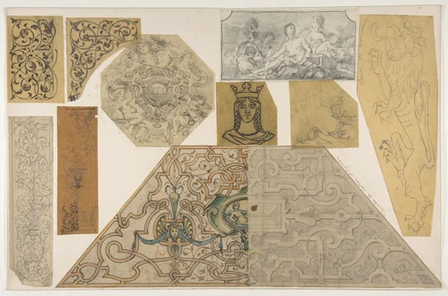 Ten designs for the decoration of houses, including at least one for the stairway of the Chateau d'Ognon of M. deMachy (Oise, France) by Jules-Edmond-Charles Lachaise, drawing, 1845-1900