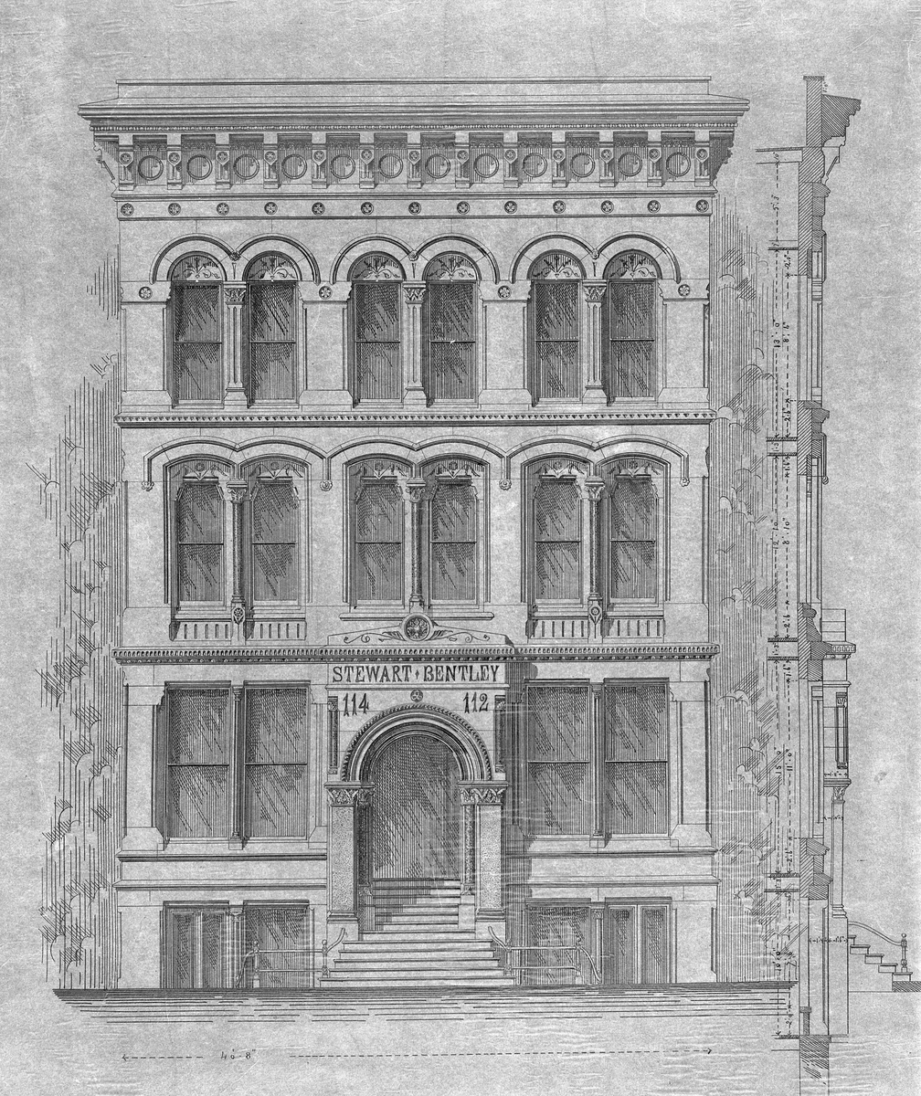 Stewart–Bentley Building, Chicago, Illinois, Elevation and Exterior Wall Section by Drake, drawing, 1872