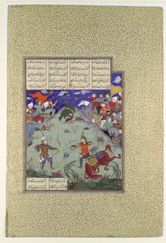 "The Combat of Rustam and Ashkabus", Folio 268v from the Shahnama (Book of Kings) of Shah Tahmasp by Abu'l Qasim Firdausi, manuscript, 1500-1555