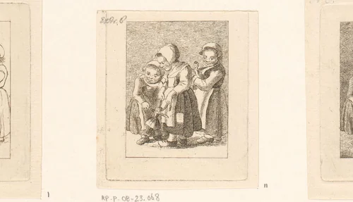Drie meisjes met poppen by Pieter de Mare, print, 1779