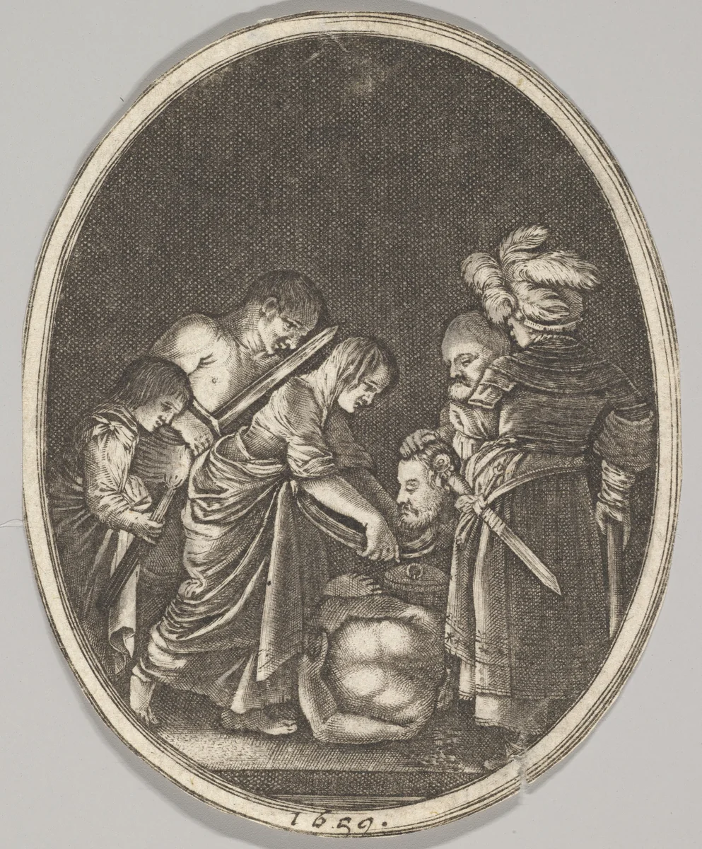 Salome receiving the head of John the Baptist, surrounded by three men and a child bearing a torch, the Baptist's body lies on the ground by Hendrick Goudt, print, 1659