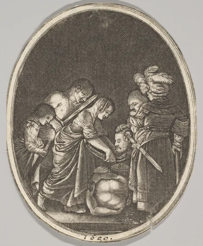Salome receiving the head of John the Baptist, surrounded by three men and a child bearing a torch, the Baptist's body lies on the ground by Hendrick Goudt, print, 1659