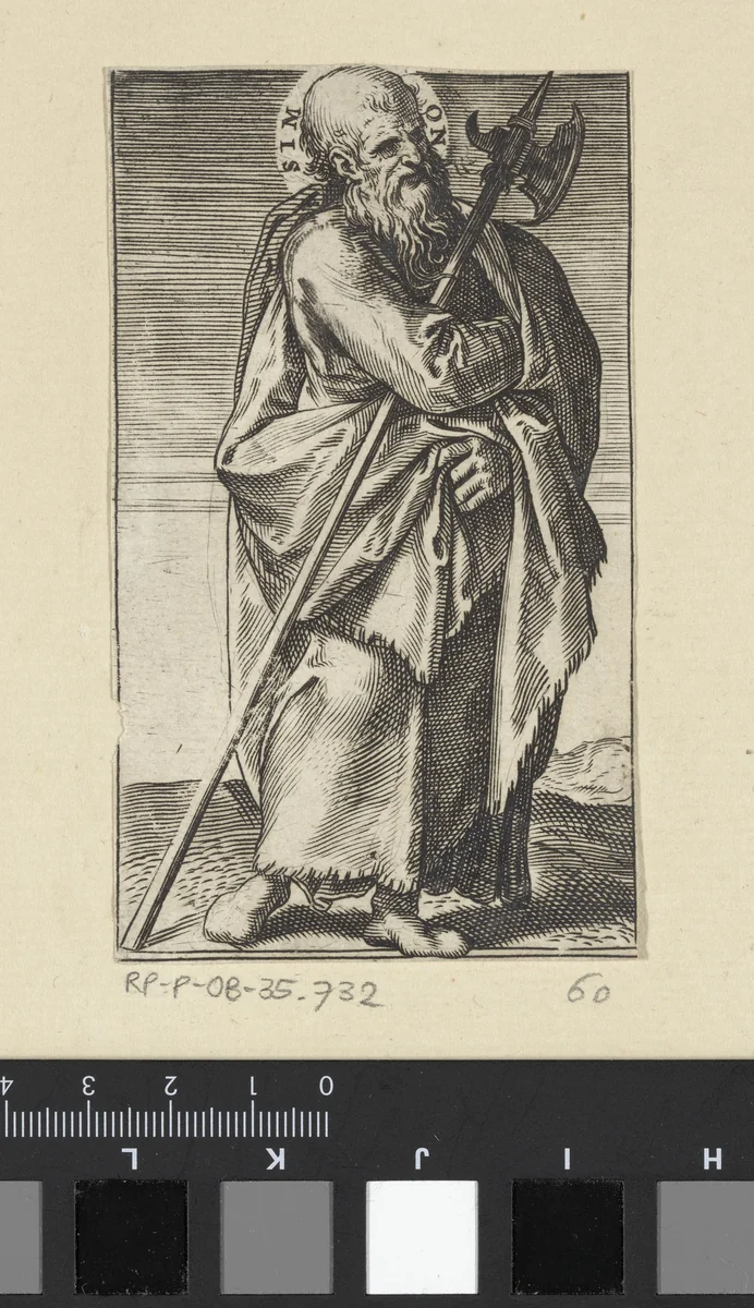 Apostel Simon met een staf by Agostino Carracci, print, 1583