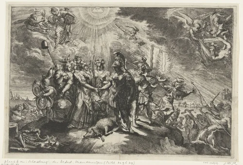 Nederland sluit eeuwige vrede met Engeland by Romeyn de Hooghe, print, 1674
