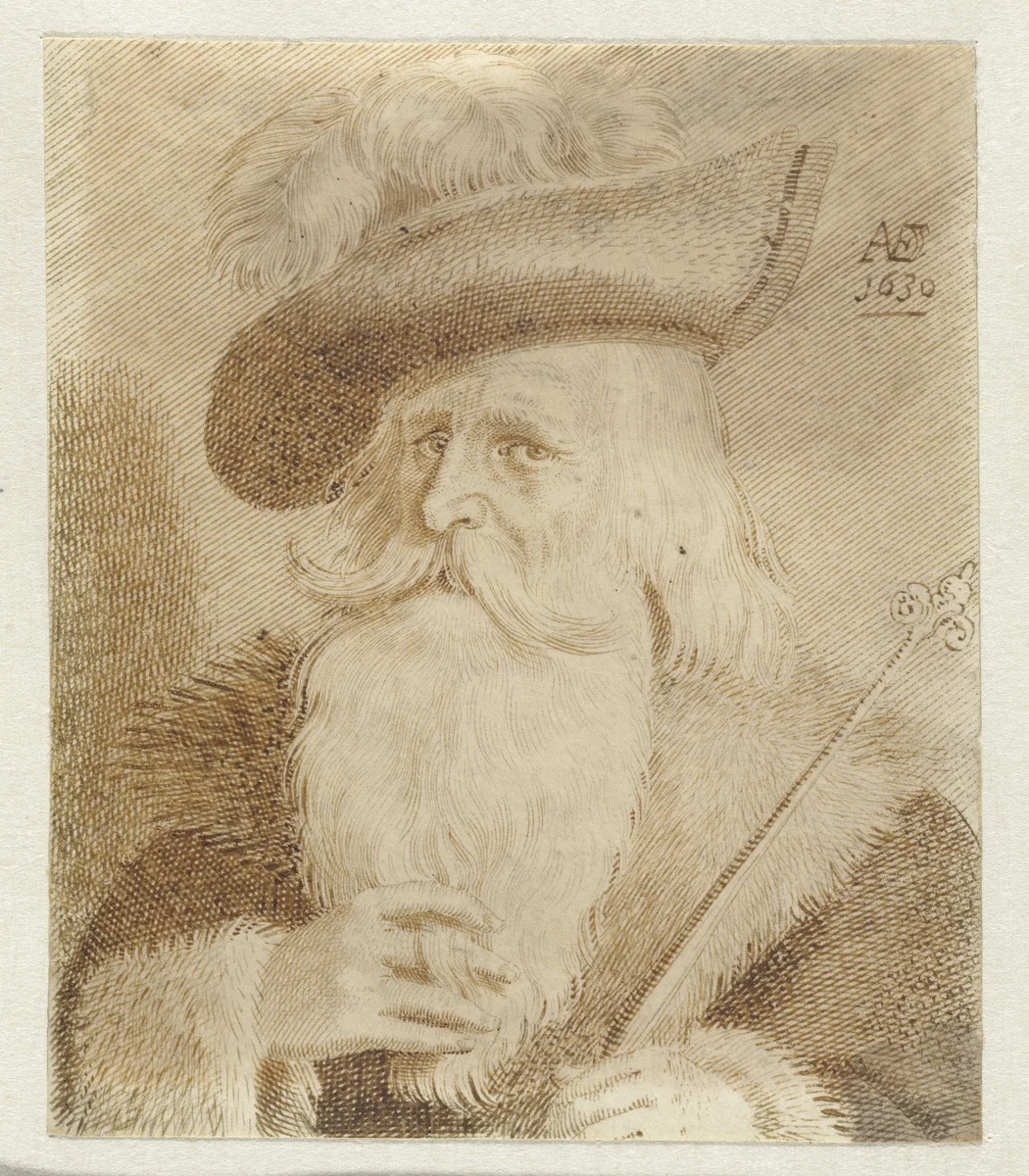 Man met bontkraag, hoed en staf by Jan van de Velde, drawing, 1630