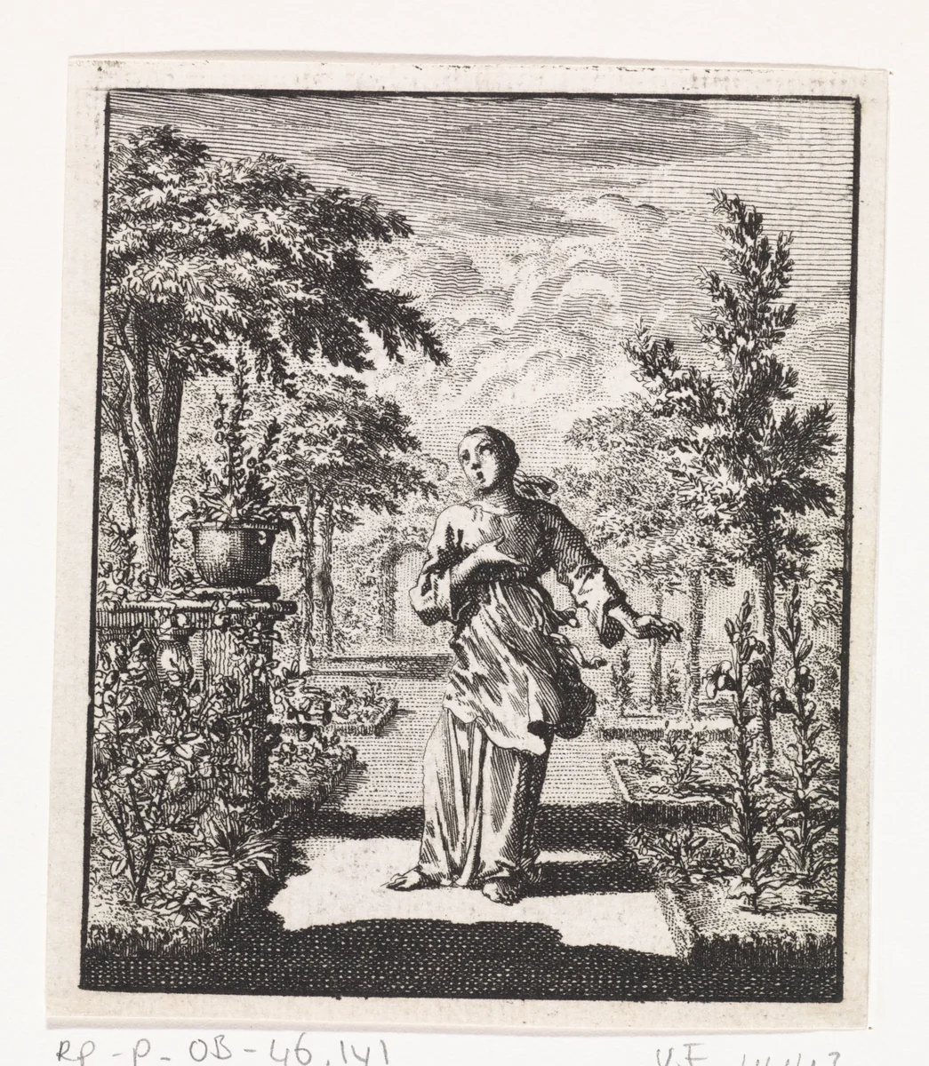 Gepersonifieerde ziel staande in een tuin by Jan Luyken, print, 1714