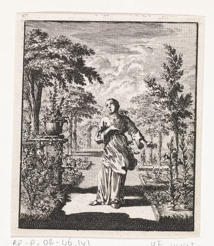 Gepersonifieerde ziel staande in een tuin by Jan Luyken, print, 1714