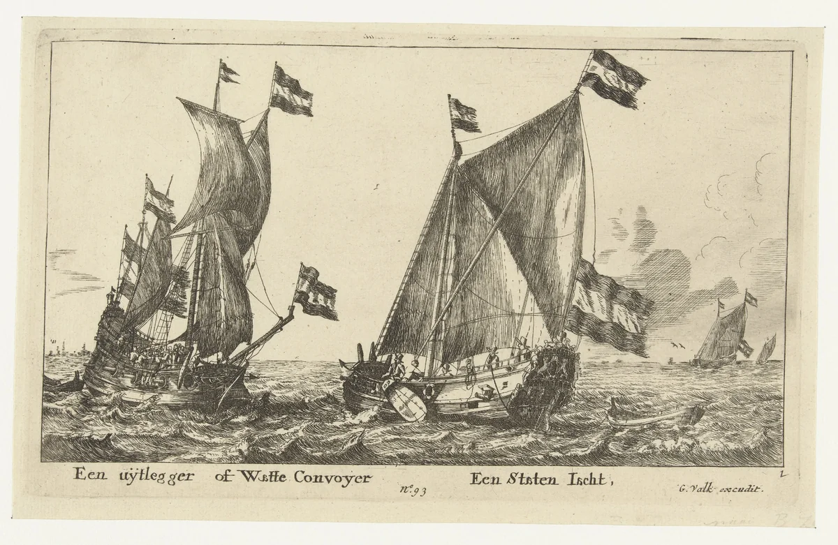 Twee schepen: een statenjacht en een uitlegger by anonymous, print, 1652-1726