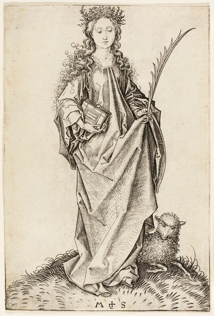 St. Agnes by Martin Schongauer, print, 1450-1491
