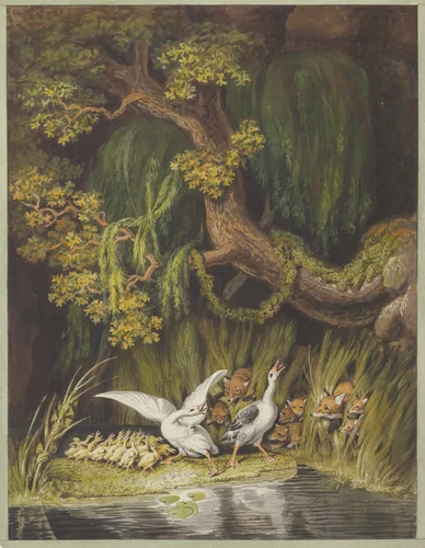 A Goose and a Gander with their Goslings Honking in Alarm as Two Foxes with their Cubs Emerge from the Rushes by Johann Heinrich Wilhelm Tischbein, drawing, 1765-1829