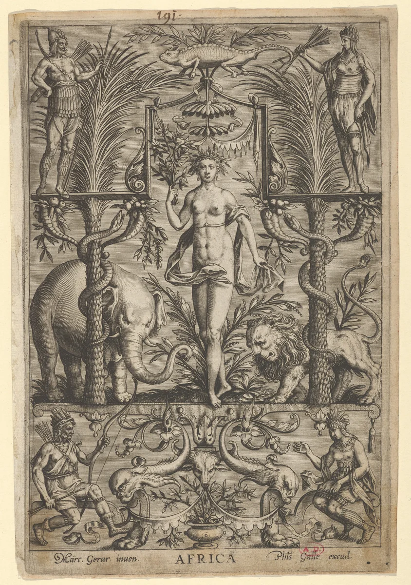 Allegory of Africa, from "The Four Continents" by Marcus Gheeraerts the Elder, print, 1585-1605