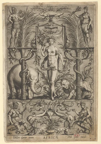 Allegory of Africa, from "The Four Continents" by Marcus Gheeraerts the Elder, print, 1585-1605