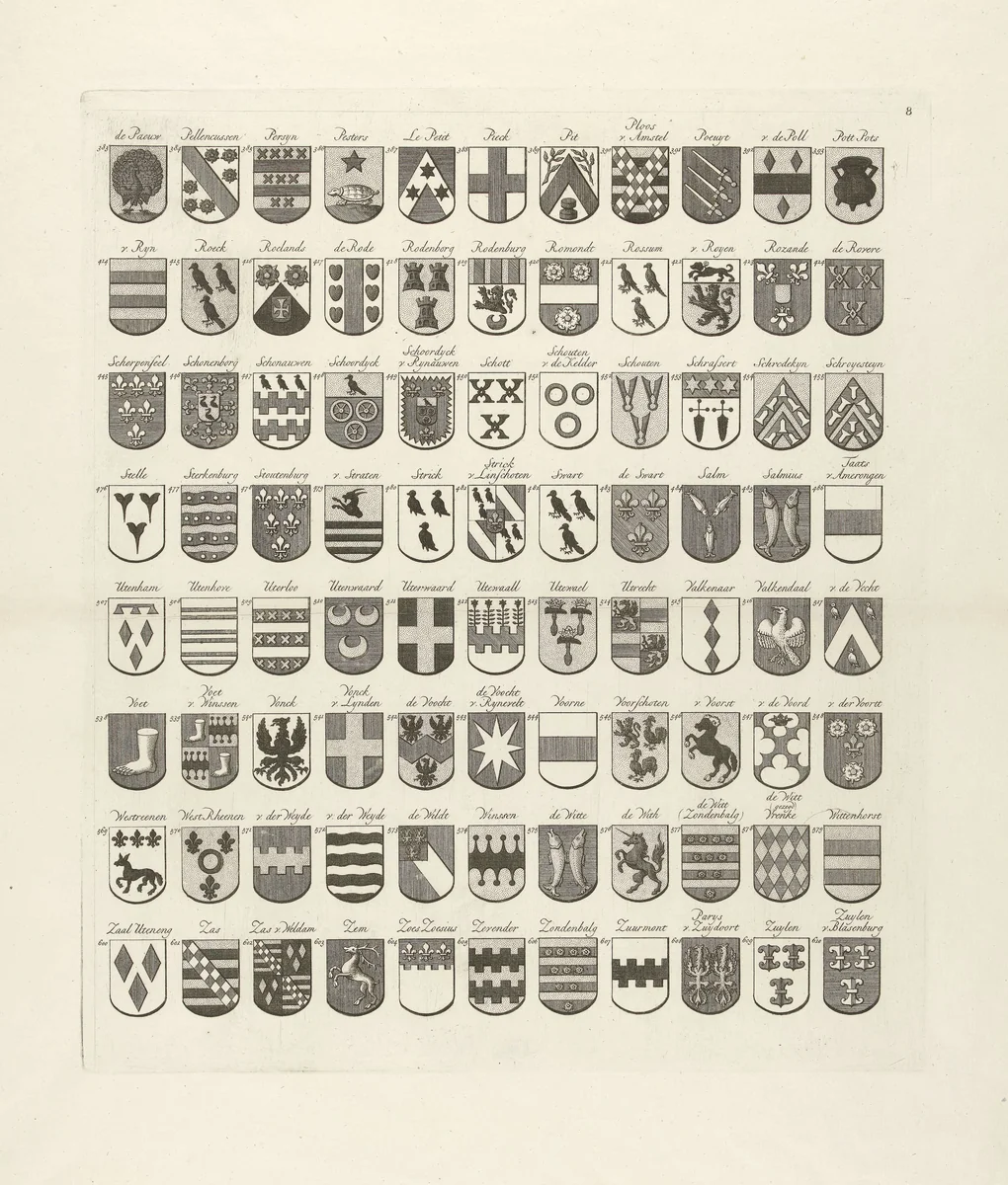 Wapenkaart van oude geslachten van Utrecht, blad middenonder by Johannes van Hiltrop, print, 1769