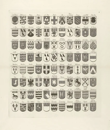 Wapenkaart van oude geslachten van Utrecht, blad middenonder by Johannes van Hiltrop, print, 1769